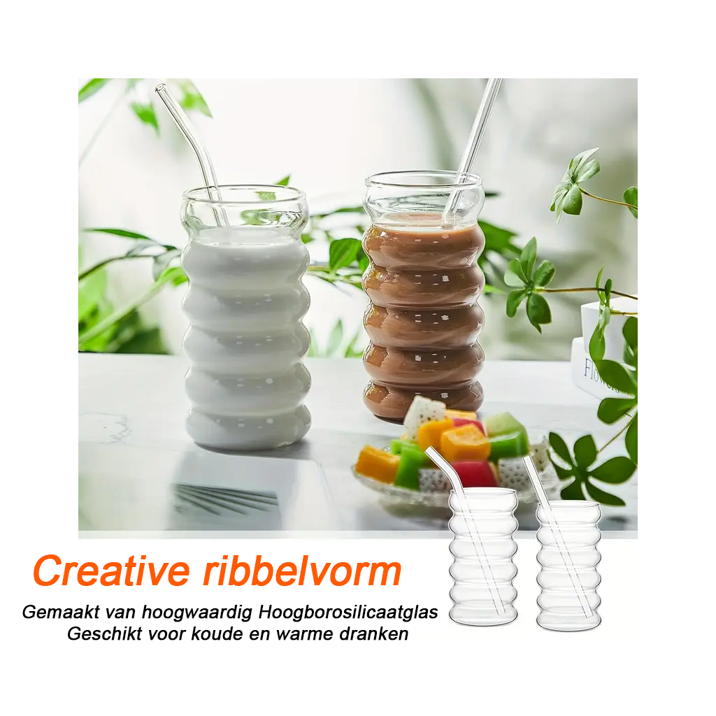 Luxe Handgeblazen Drinkglazen Set - 6 x 500ml met Herbruikbare Rietjes