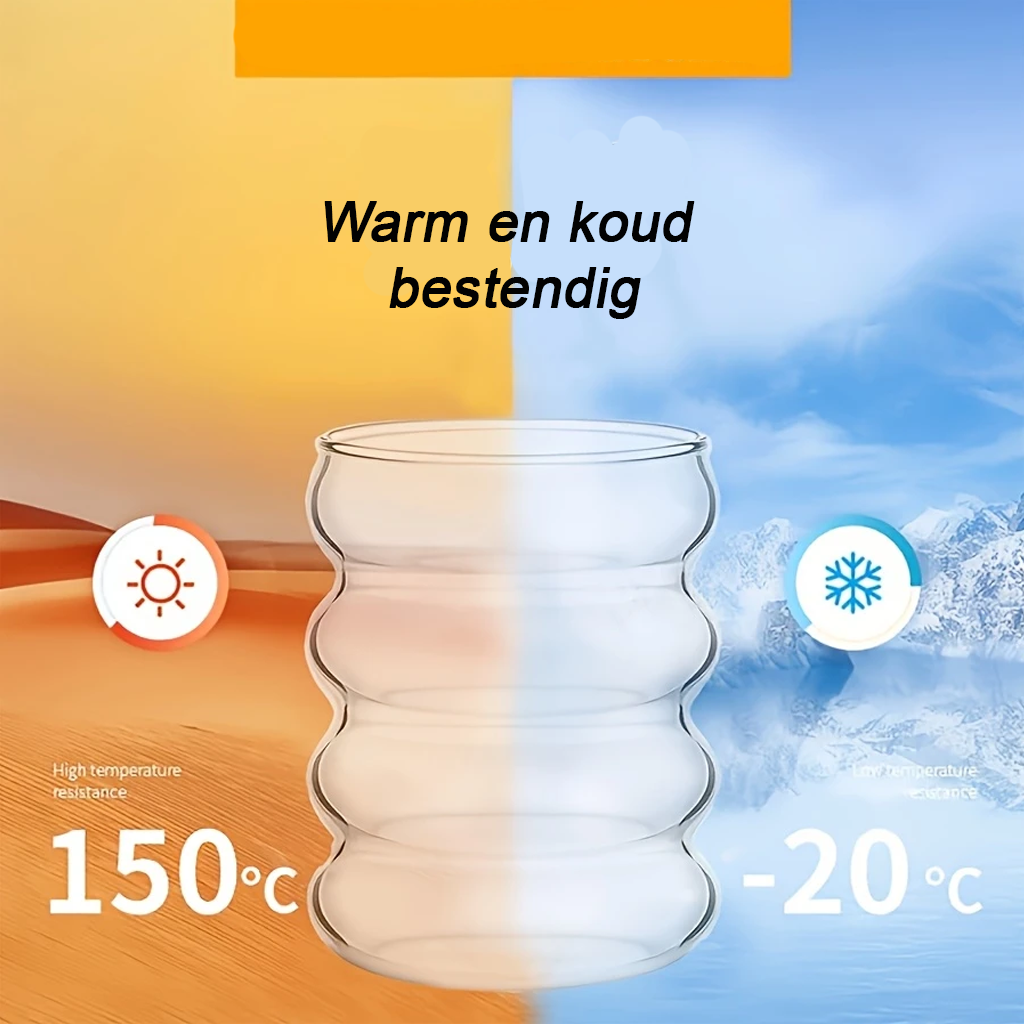 Luxe Handgeblazen Drinkglazen Set Gegolfd Cirkelvormig 4 x 350ml met Herbruikbare Rietjes