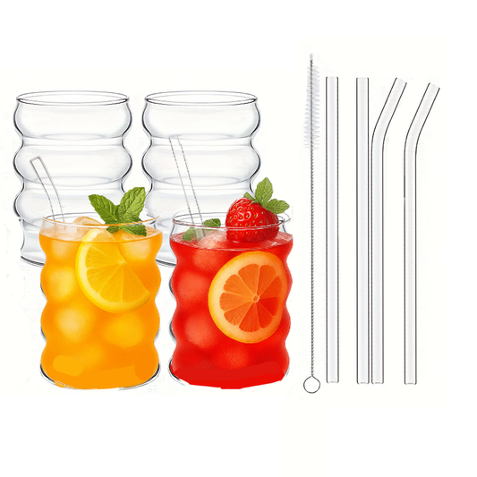 Luxe Handgeblazen Drinkglazen Set Gegolfd Cirkelvormig 4 x 350ml met Herbruikbare Rietjes