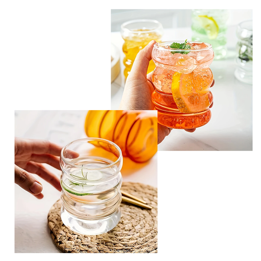 Luxe Handgeblazen Drinkglazen Set Gegolfd Cirkelvormig 4 x 350ml met Herbruikbare Rietjes