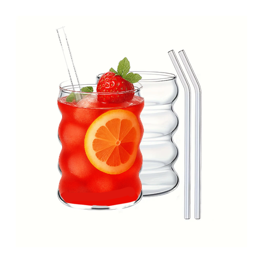 Luxe Handgeblazen Drinkglazen Set  Gegolfd Cirkelvormig 2 x 350ml met Herbruikbare Rietjes