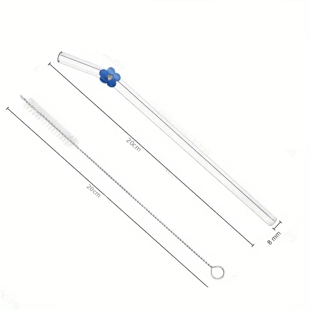 Herbruikbare Glazen Bloemen Rietjes Set – 4 glazen rietjes met Schoonmaakborstel – Rietjes voor Feestjes, Bruiloften, Keuken & Strand – Decoratief & Milieuvriendelijk – Geschikt als Geschenk - smoothies, cocktails, iced coffee of Matcha