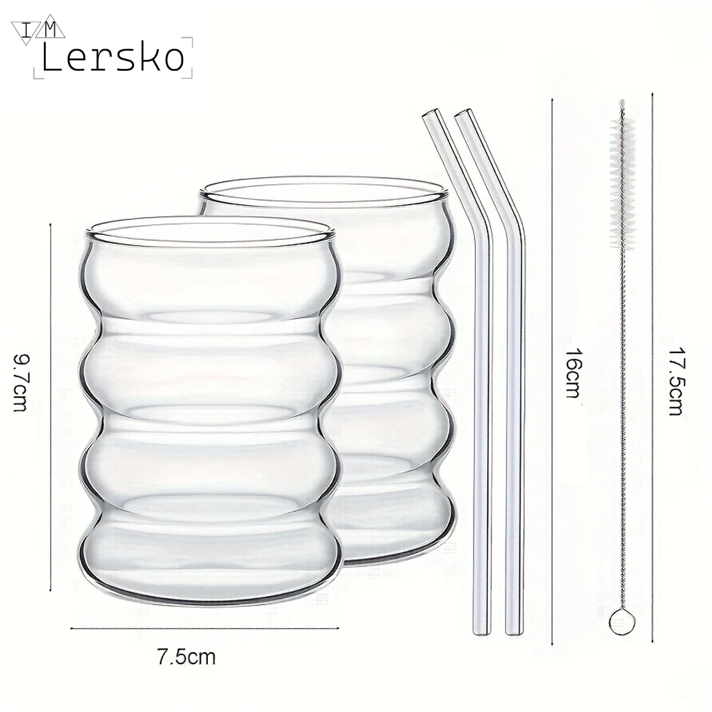 Luxe Handgeblazen Drinkglazen Set  Gegolfd Cirkelvormig 2 x 350ml met Herbruikbare Rietjes
