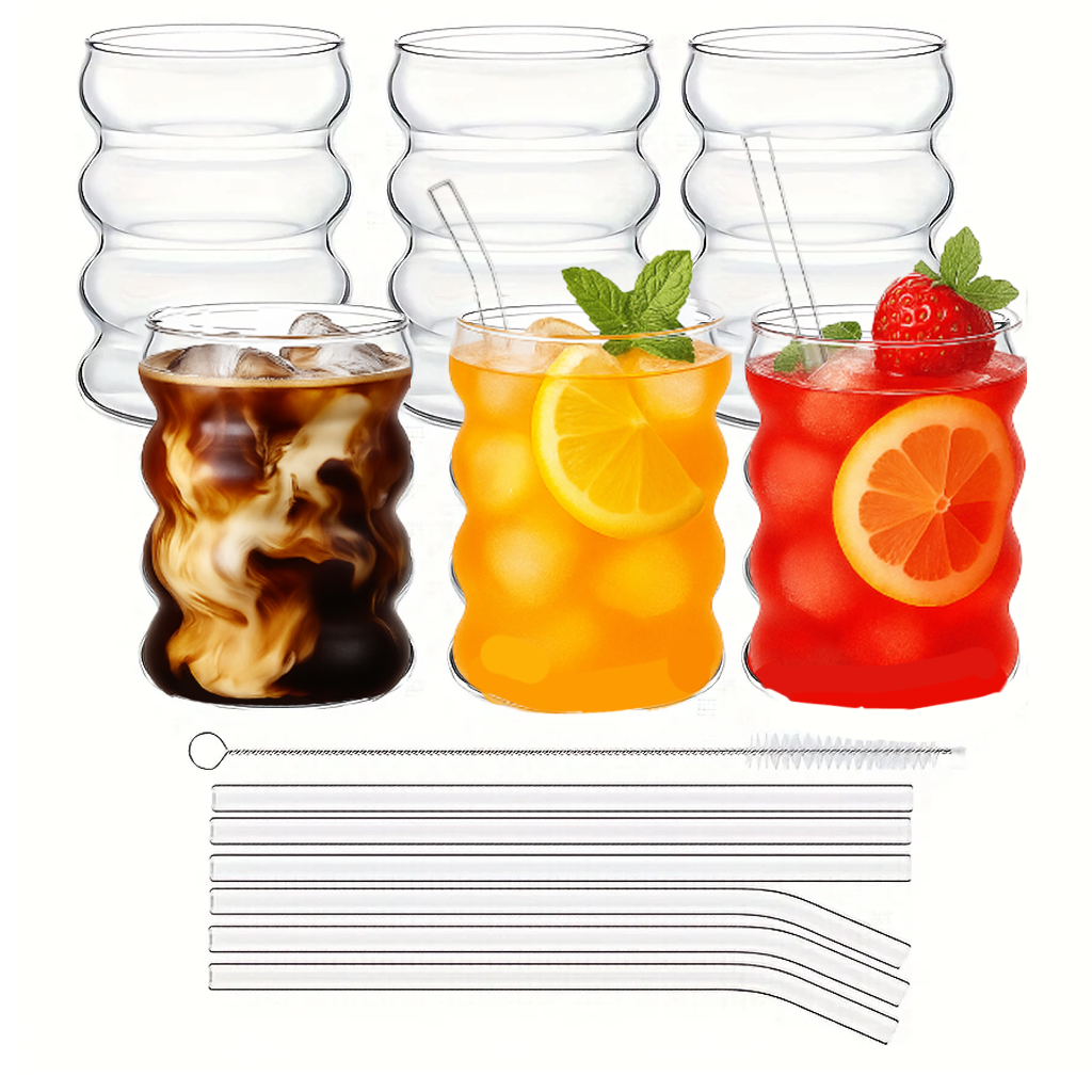 Luxe Handgeblazen Drinkglazen Set Gegolfd Cirkelvormig 6 x 350ml met Herbruikbare Rietjes