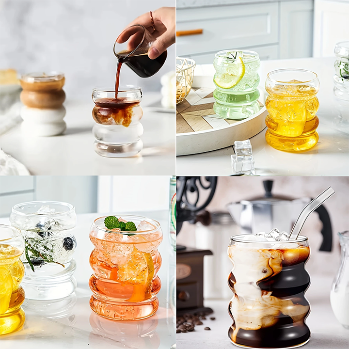 Luxe Handgeblazen Drinkglazen Set Gegolfd Cirkelvormig 4 x 350ml met Herbruikbare Rietjes