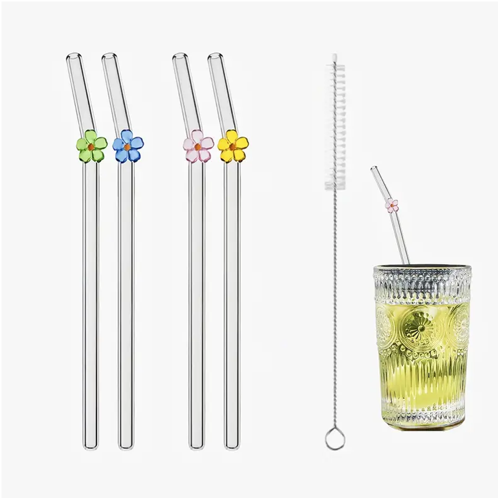 Herbruikbare Glazen Bloemen Rietjes Set – 4 glazen rietjes met Schoonmaakborstel – Rietjes voor Feestjes, Bruiloften, Keuken & Strand – Decoratief & Milieuvriendelijk – Geschikt als Geschenk - smoothies, cocktails, iced coffee of Matcha